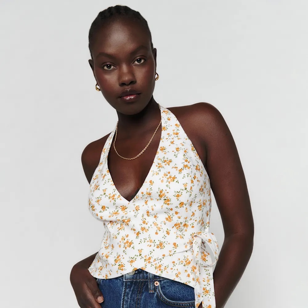Reformation White and Yellow Tie Front Crop Top